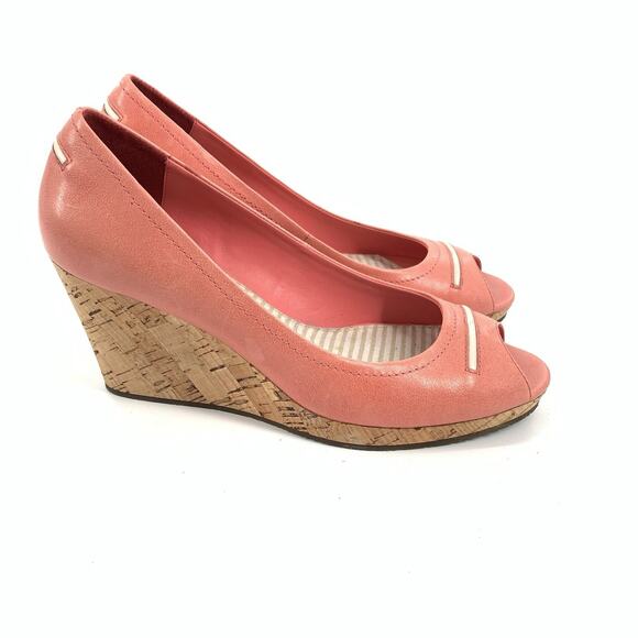 $225 Sebago Chiffon Leather Cork Wedge Peep Toe Sandals 7.5 Womens Salmon Pink - Picture 1 of 8